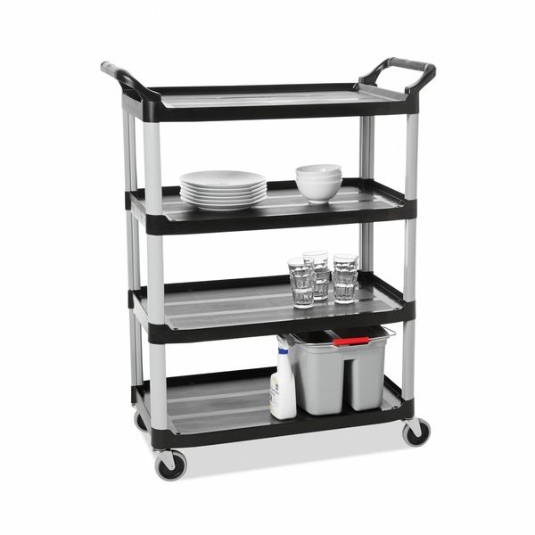 Plastic Dual-Handle Utility Cart with Lipped Plastic Shelves, (2) Raised, 4 Shelves, 300 lb
