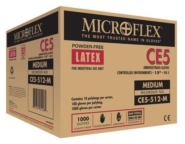 Cleanroom Gloves, Latex, L, PK1000