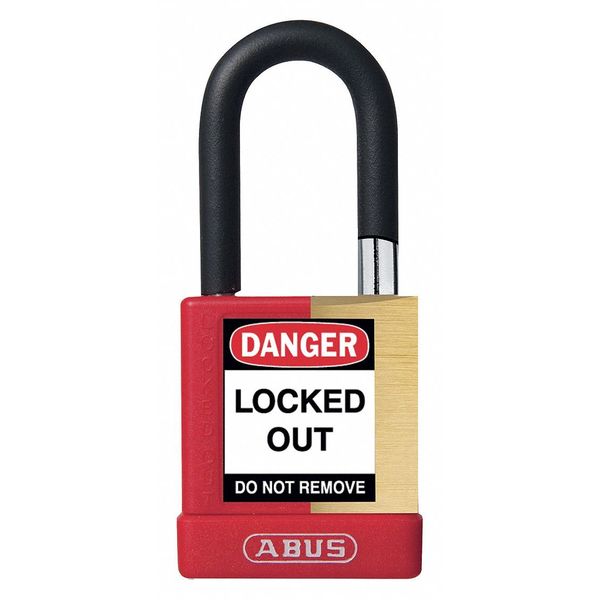 Keyed Padlock, Open, Rectangular Brass Body, Plastic Encased Hardened Steel Shackle, 3/4 in W