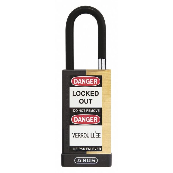 Keyed Padlock, Open, Rectangular Brass Body, Plastic Encased Hardened Steel Shackle, 3/4 in W