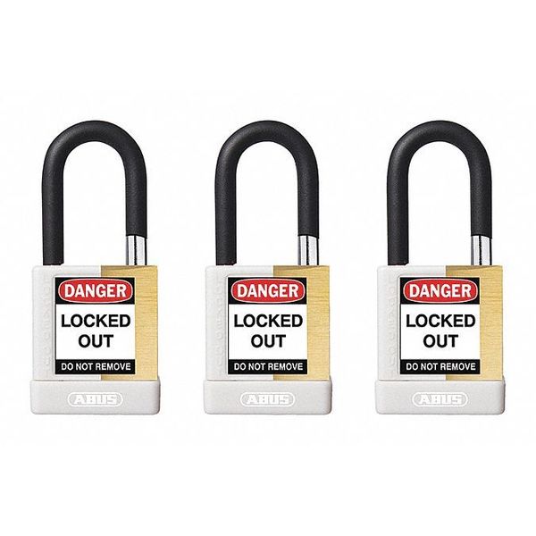 Keyed Padlock, Open, Rectangular Brass Body, Plastic Encased Hardened Steel Shackle, 3/4 in W