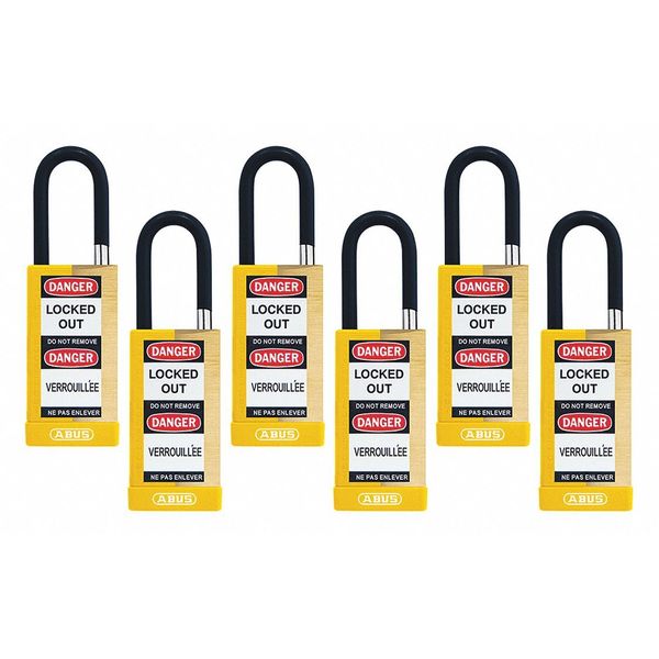 Keyed Padlock, Open, Rectangular Brass Body, Plastic Encased Hardened Steel Shackle, 3/4 in W
