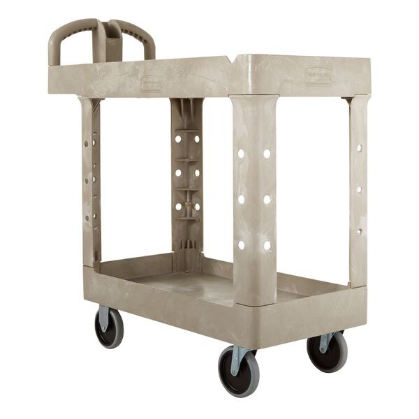 Plastic Utility Cart with Deep Lipped Plastic Shelves, Ergonomic, 2 Shelves, 500 lb