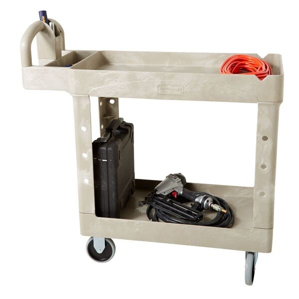 Plastic Utility Cart with Deep Lipped Plastic Shelves, Ergonomic, 2 Shelves, 500 lb