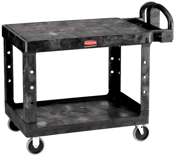 Plastic Utility Cart with Deep Lipped & Flush Plastic Shelves, Ergonomic, 2 Shelves, 500 lb