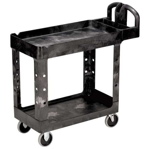 Plastic Utility Cart with Deep Lipped Plastic Shelves, Ergonomic, 2 Shelves, 500 lb