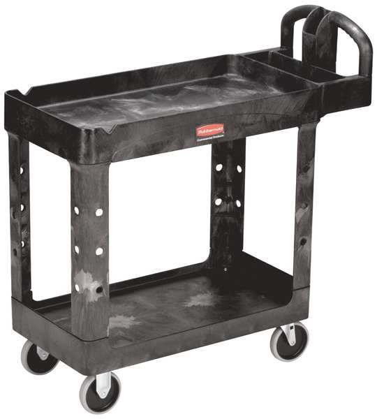 Plastic Utility Cart with Deep Lipped Plastic Shelves, Ergonomic, 2 Shelves, 500 lb