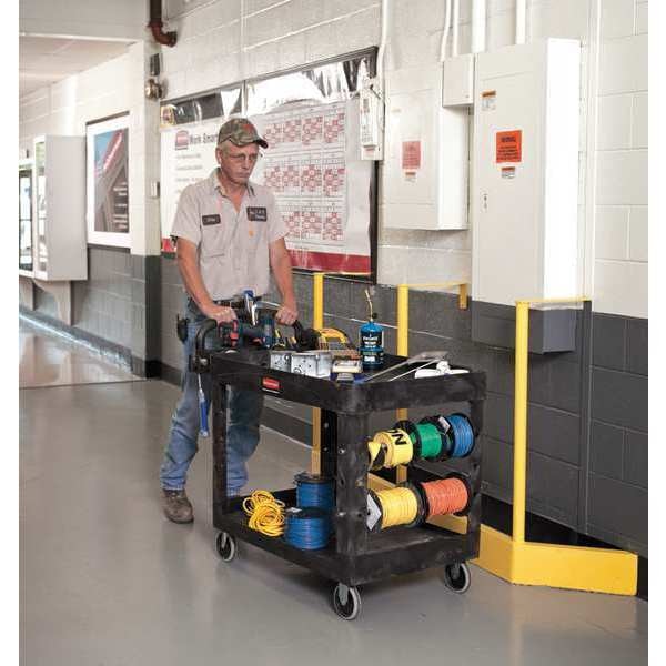 Plastic Utility Cart with Deep Lipped & Flush Plastic Shelves, Ergonomic, 2 Shelves, 500 lb