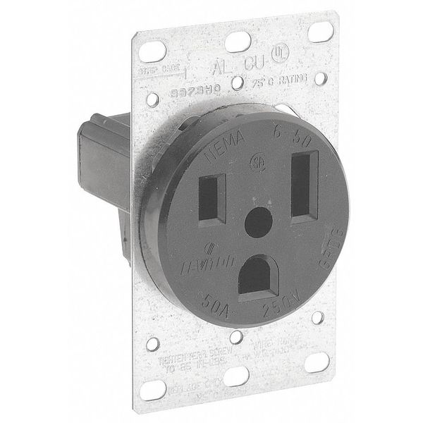 Receptacle, 50 A Amps, 250VAC, Flush Mount, Single Outlet, 6-50R, Black
