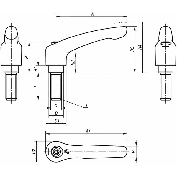 Adjustable Handle, Modern Design, Sz. 1, 10-24X20, Die Cast Zinc Silver Metallic, Comp: Steel