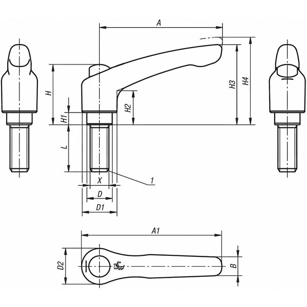 Adjustable Handle, Mod. Design, Protective Cap Sz. 2, M10X55, Cast Zinc Orange RAL2004, Comp: Steel