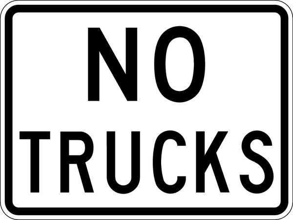 No Trucks Traffic Sign, 18 in H, 24 in W, Aluminum, Horizontal Rectangle, English, R5-2P-24DA