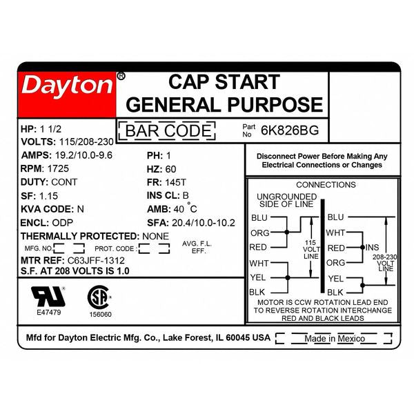 Capacitor-Start General Purpose Motor, 1 1/2 HP, 115/208-230V AC Voltage, 145T Frame