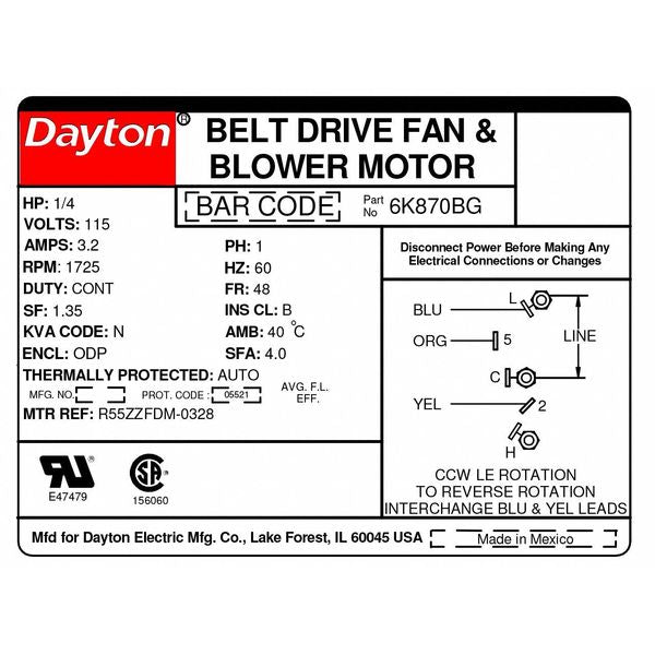 Split-Phase Belt Drive Motor, 1/4 HP, 48 Frame, 115V AC Voltage, 1,725 Nameplate RPM
