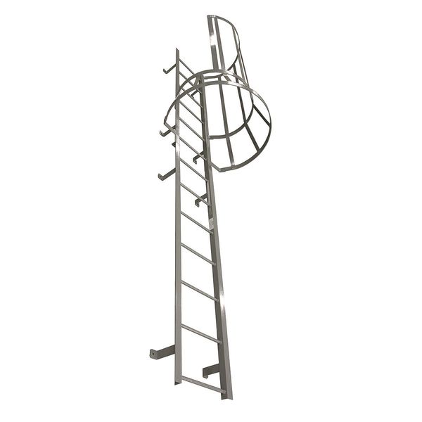 27 ft 3 in Fixed Ladder with Safety Cage, Steel, 28 Steps, Left Exit, Powder Coated Finish