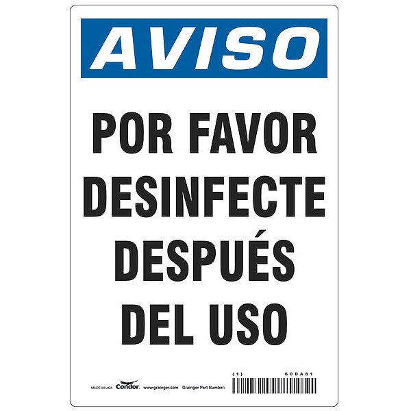 Spanish Por Favor Desinfecte Sign, 10 in Height, 7 in Width, Aluminum, Rectangle, Spanish