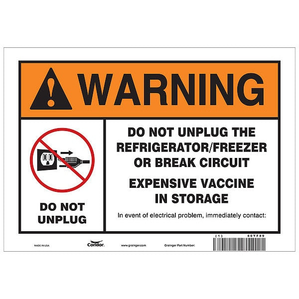 Vaccine Refrigerator Freezer Sign, 60YF89