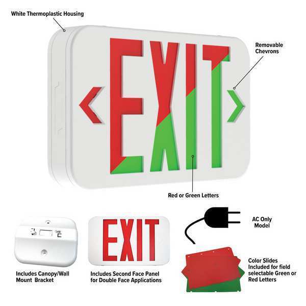 LED Lighted Exit Sign, Wht, Plastic, 7-1/5