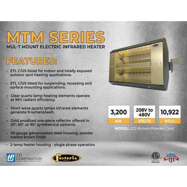 Infrared Quartz Electric Heater, Galvanized Steel, 240 V