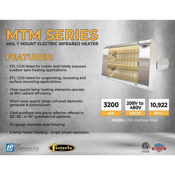 Infrared Quartz Electric Heater, Stainless Steel, 480 V