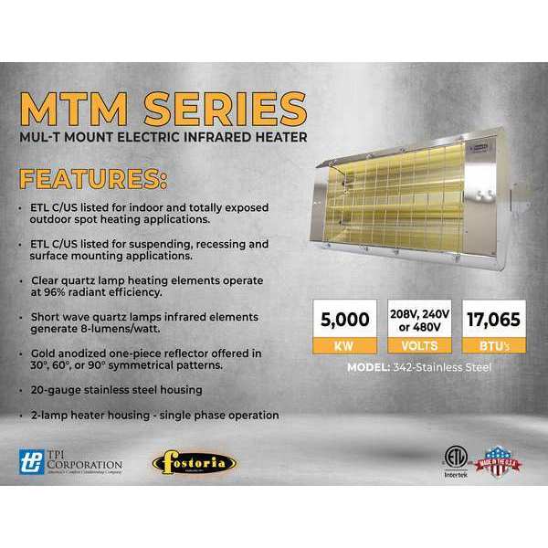 Infrared Quartz Electric Heater, Stainless Steel, 480 V