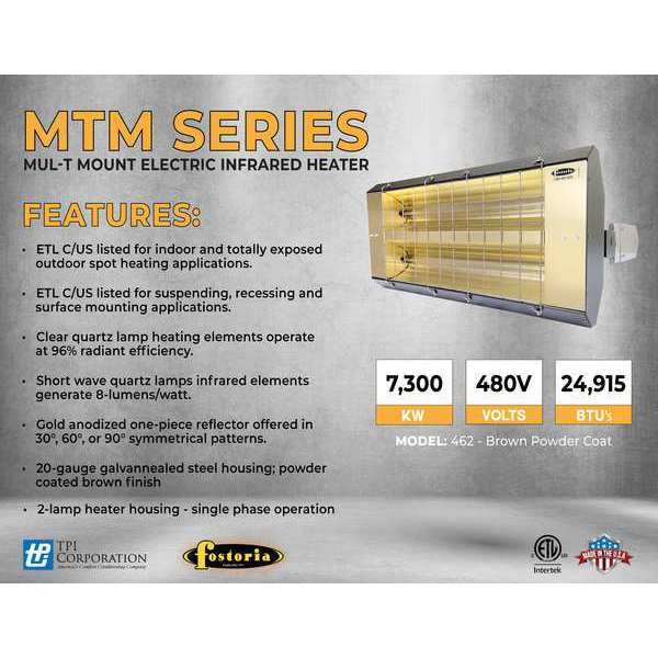 Infrared Quartz Electric Heater, Galvanized Steel, 480 V