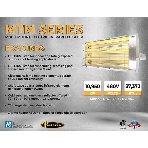 Infrared Quartz Electric Heater, Stainless Steel, 480 V