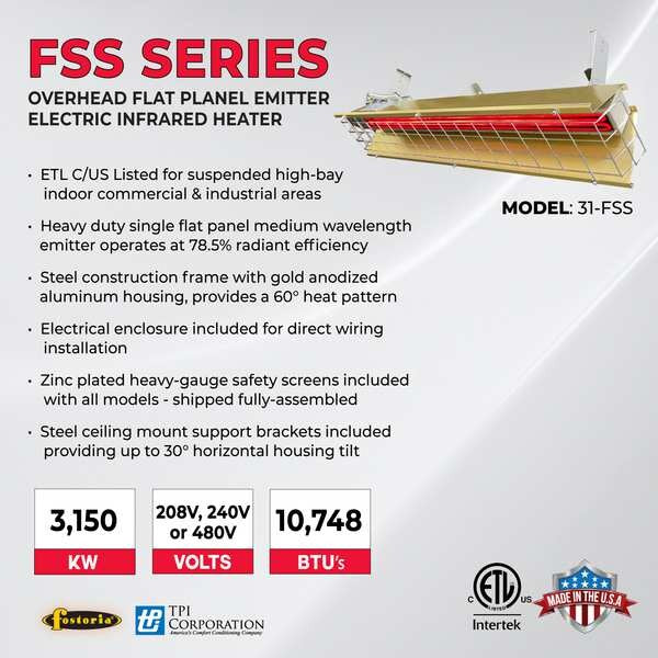 Infrared Overhead Electric Heater, Aluminum, 480 V