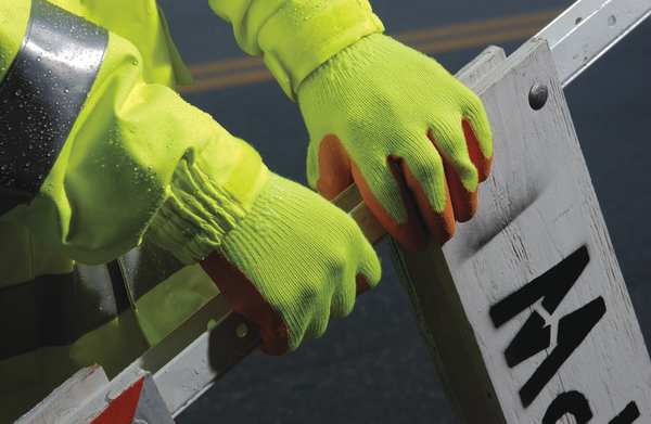 Natural Rubber Latex Hi-Vis Coated Gloves, Palm Coverage, Orange/Yellow, L, PR