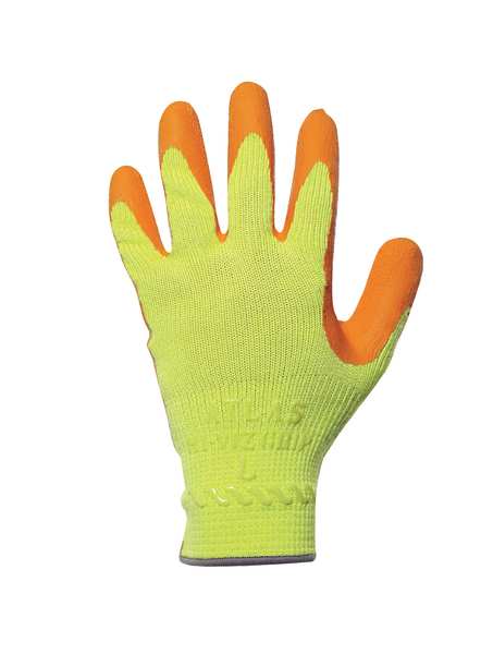 Natural Rubber Latex Hi-Vis Coated Gloves, Palm Coverage, Orange/Yellow, L, PR