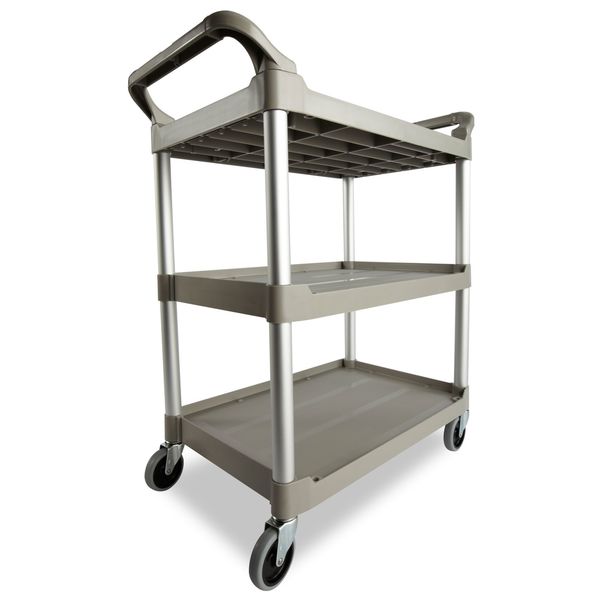 Plastic Dual-Handle Utility Cart with Lipped Plastic Shelves, (2) Raised, 3 Shelves, 200 lb