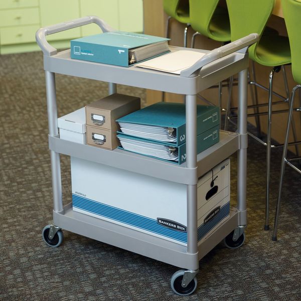 Plastic Dual-Handle Utility Cart with Lipped Plastic Shelves, (2) Raised, 3 Shelves, 200 lb