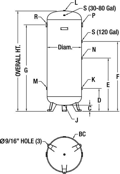 Air Tank, Stationary, 200 PSI, 30 Gal, Vert