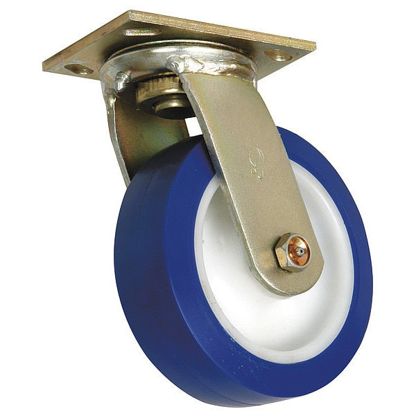 Swivel Plate Caster, Plyurethane, 6 in, 900 lb, Blu
