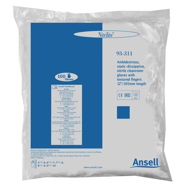 Nitrilite Cleanroom Gloves, Nitrile, L, 5 mil, PK100