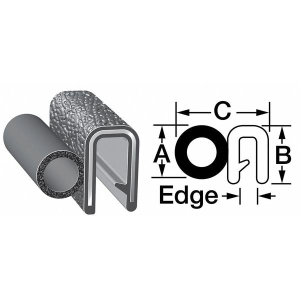 Edge Grip Seal, EPDM, 25 ft Length, 0.3856 in Overall Width, Style: Trim with a Top Bulb