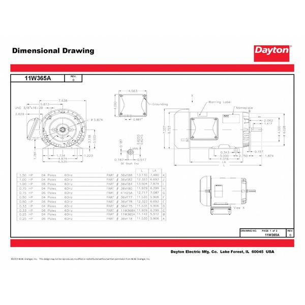 3-Phase General Purpose Motor, 1/4 HP, 56C Frame, 230/460V AC Voltage, 1,720 Nameplate RPM