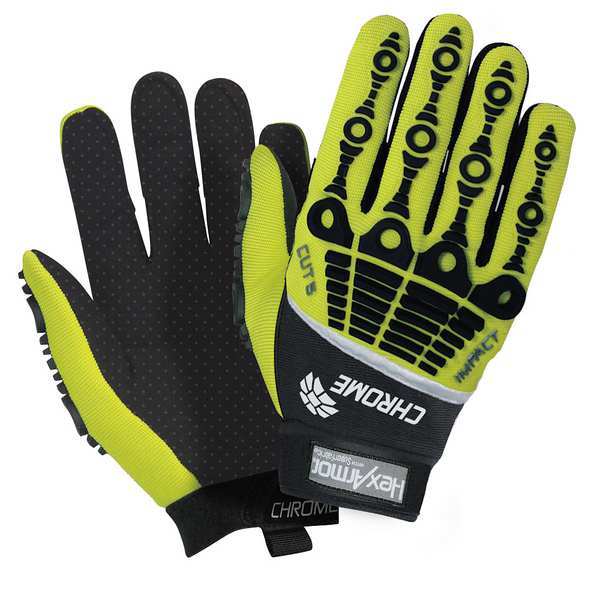 Hi-Vis Cut Resistant Impact Gloves, A8 Cut Level, Uncoated, XL, 1 PR