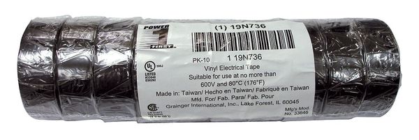 Vinyl Electrical Tape, 3/4 in W x 20 ft L, 7 mil thick, Black, 10 Pack
