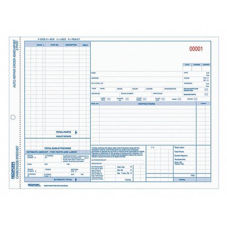 Form,auto Repair Order,3 Part (1 Units I