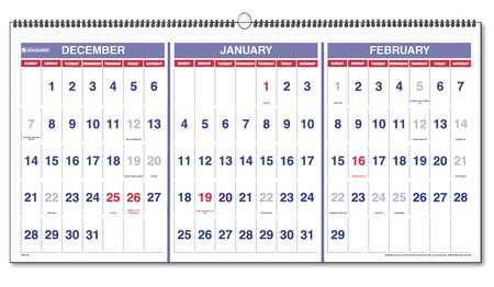 Wall Calendar,3 Month,23-1/2 X 12 In (1