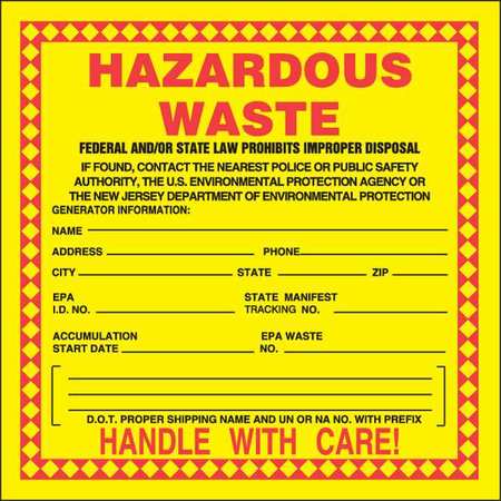 New Jersey Hazardous Waste Label,pk25 (1