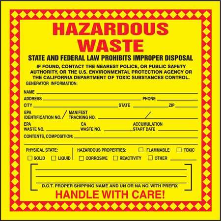 California Hazardous Waste Label,pk100 (