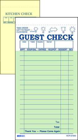 No Carbon Guest Check,2 Part,yel,pk50 (1